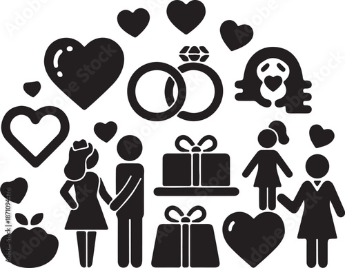 Black and white of couples holding hands with hearts and rings around them 1