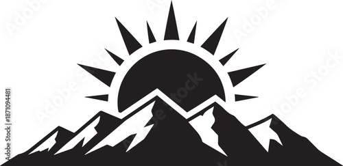 Black silhouette of a sun rising over jagged mountain peaks on a white background sunrise