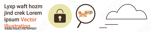 Cybersecurity, online safety, email protection, data privacy, internet security, cloud storage. Lock symbol, magnifying glass with email and a cloud icon. Cybersecurity and email protection concepts