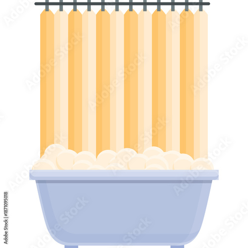 Bathtub with bubble bath and orange shower curtain