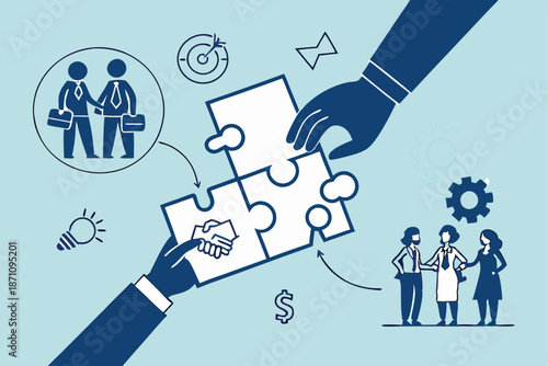  Business collaboration, puzzle pieces with silhouettes, team building concept, connecting leadership, blue background, hands joining puzzle, symbolic partnership, corporate synergy, minimalist desi