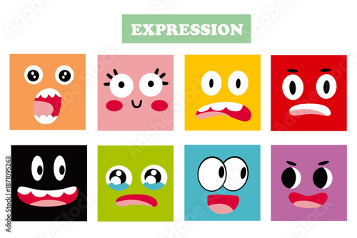 Colorful Flat Design Square Facial Emotion Expression Illustration Set