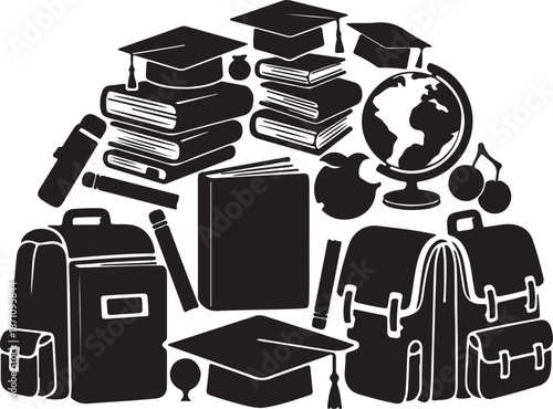 Black and white of graduation caps books backpacks and school supplies globe