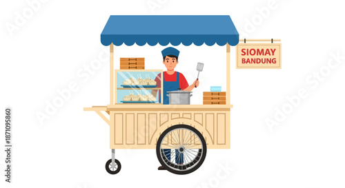 Vector illustration of an Indonesian street food vendor with his Siomay Bandung wooden pushcart.