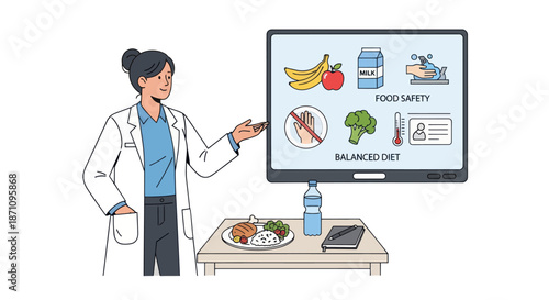 Nutritionist Explaining Healthy Eating and Food Safety on a Screen.