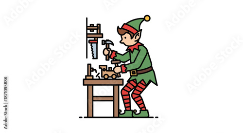 Christmas Elf Working at Workbench with Hammer and Toy.