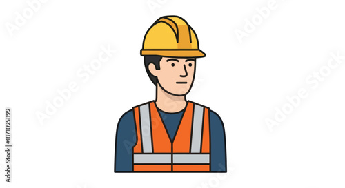 Cartoon construction worker wearing a yellow hard hat and orange safety vest.