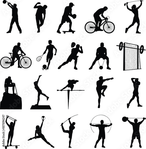 Silhouettes of people engaging in various sports and physical activities against a white background