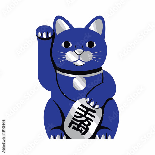Maneki Neko illustration with raised paw and coin, symbolizing good luck and prosperity in a minimalist vector art style