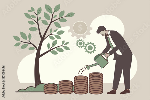  Business suit, hands holding miniature tree, coins, growth concept, environmental sustainability, financial investment, green economy, blurred nature background, macro photography, shallow depth of