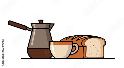 Vector Illustration of Coffee Pot Cup and Bread Loaf.