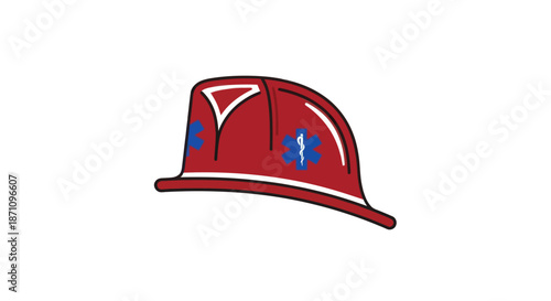 Classic red firefighter helmet illustration with blue symbols and a wide brim.