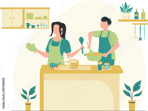 Flat Vector Illustration of Couple Cooking Together in Modern Kitchen
