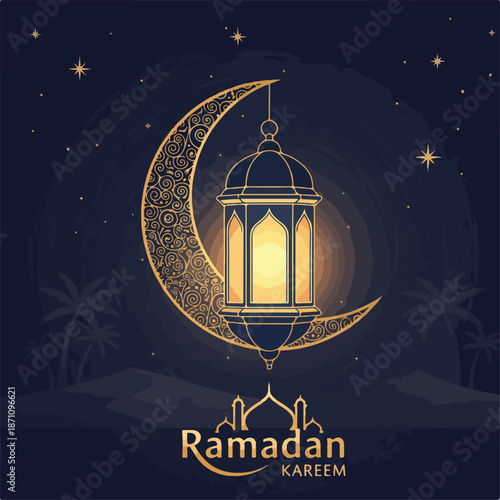 Illustration of crescent moons and lanterns of Ramadan with golden details on a starry night background.