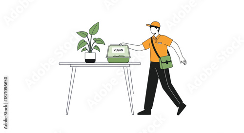 Delivery person with a plant in a box on a table.