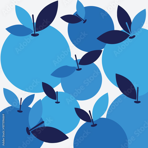 A collection of blue apples with leaves arranged in a graphic pattern