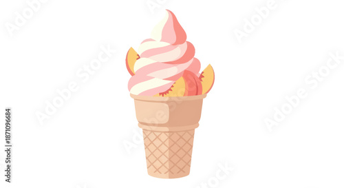 A delicious pink and white swirled soft serve ice cream cone with fresh peach slices.