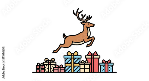 A festive cartoon reindeer jumping over a pile of colorful Christmas gift boxes.