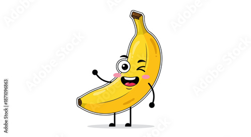 Cute Winking Cartoon Banana Character Waving Happily.