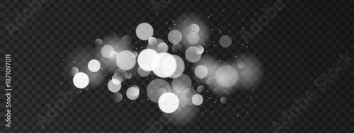 White bokeh background with glowing light effects and sparkling particles. Magical glitter dust creates festive shimmer with bright confetti and soft blur texture overlay.