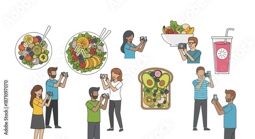 People Photographing Food: Diverse Group Capturing Images of Healthy Meals and Drinks.