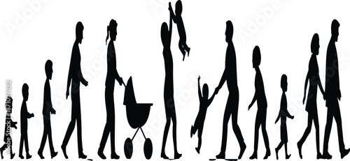 Silhouettes of people of various ages walking in a line including a person pushing a stroller and a child being carried