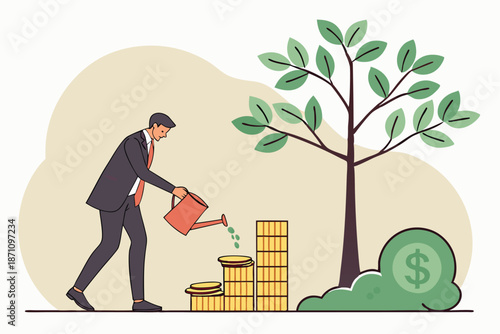  Business suit, hands holding miniature tree, coins, growth concept, environmental sustainability, financial investment, green economy, blurred nature background, macro photography, shallow depth of