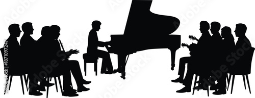 Silhouettes of people sitting in chairs around a pianist and guitarist playing instruments in a social gathering setting