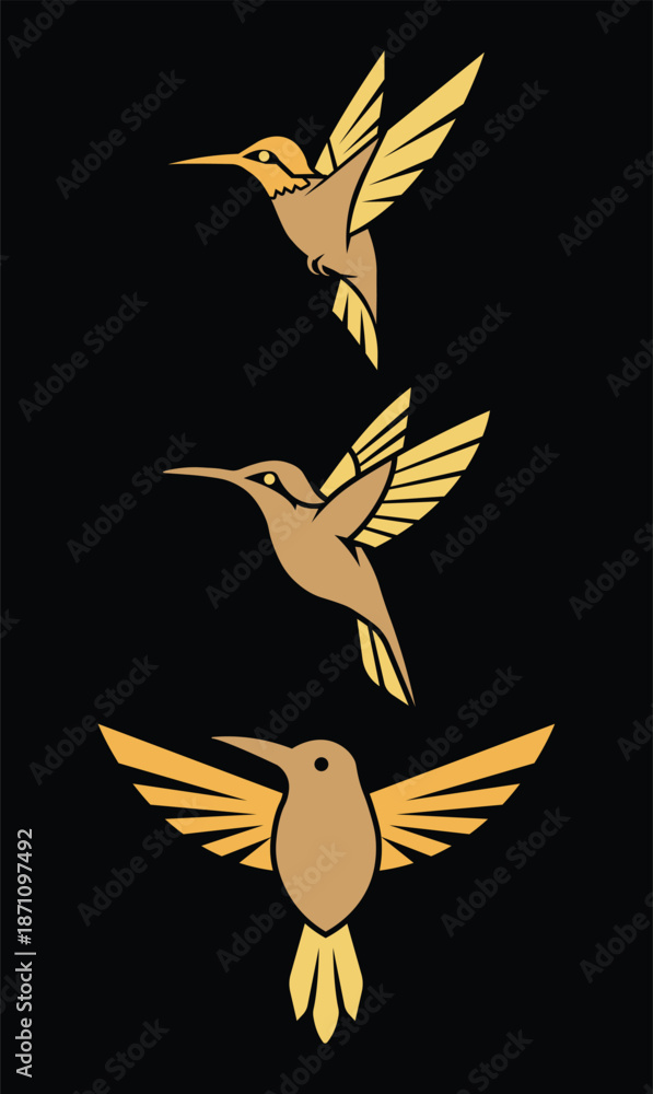 custom made wallpaper toronto digitalMinimalist Golden Hummingbirds on Black – Elegant Vertical Vector Illustration
