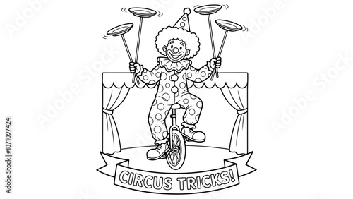 black and white line art of a clown juggling with four plates and on cycling on unicycle on the stage