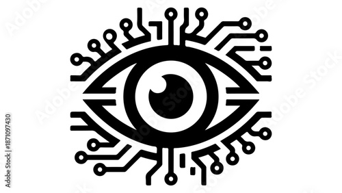 abstract technology integration illustration with eye with electric shapes on sides on white background line art vector illustration