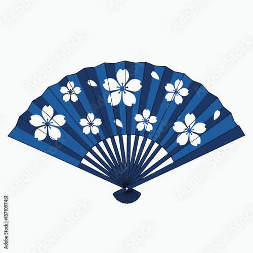 Decorative blue hand fan with floral patterns isolated on white background illustration