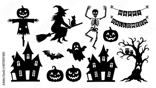 halloween icons set, spooky symbols set for halloween black and white shapes on white background