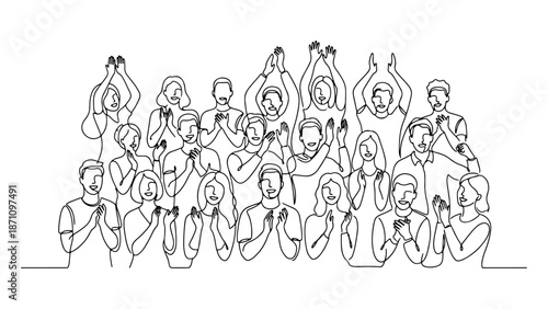 group of people applauding black and white line art vector illustration