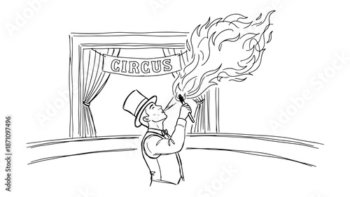 circus person doing flame breathing on the stage on the background there is written circus