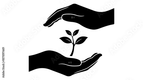 sprout in human hand getting protected with second hand from above black and white vector illustrations