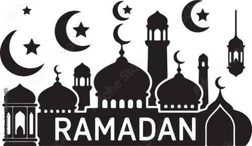 Black and white of mosque domes minarets crescent moons stars and lanterns with Ramadan text