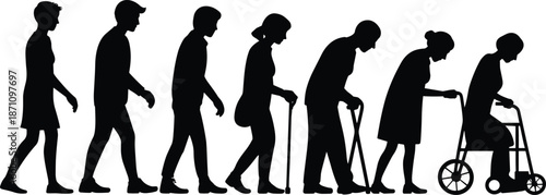 Silhouettes of people walking with varying degrees of mobility assistance from a cane to a walker