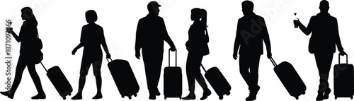 Silhouettes of six people walking with luggage and drinks in hand suitcases