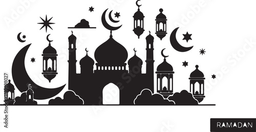 Black and white of mosque with crescent moons and stars for Ramadan lanterns
