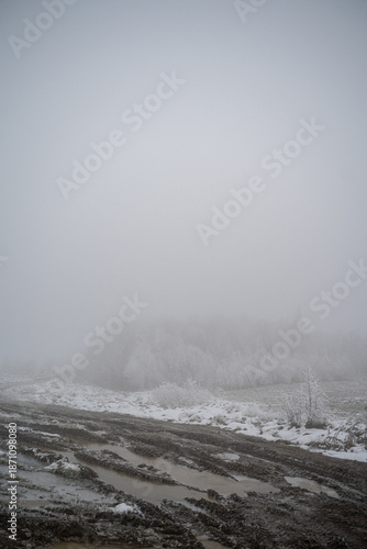 Canvas-taulu Dirty muddy road with water puddles and melting snow in foggy winter