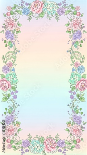 Elegant Floral Border with Pastel Gradient Background.