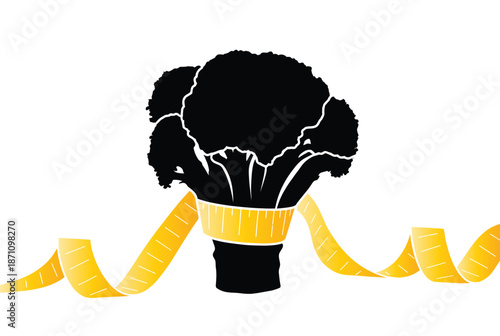 Silhouette of a broccoli head tied with a golden measuring tape for health food diet or nutrition concept