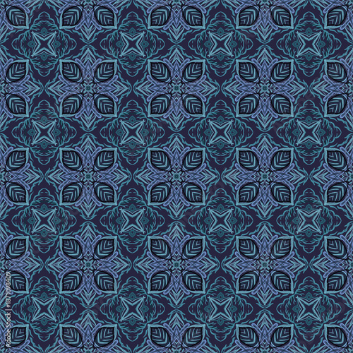 Seamless blue ethnic geometric pattern with symmetrical ornamental motifs, abstract tribal design inspired by Native American and Aztec art, ideal for textile, fabric, wallpaper and surface decoration