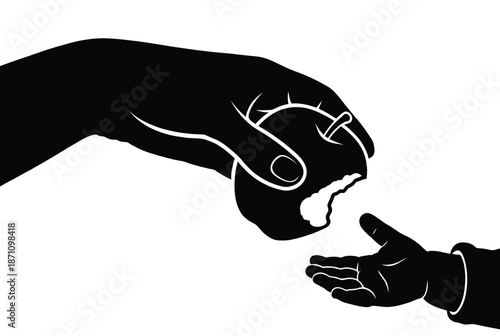Adult hand giving bitten apple to child hand silhouette concept for charity sharing food and hunger relief awareness
