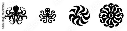 Patterns of octopus designs in black and white with various styles