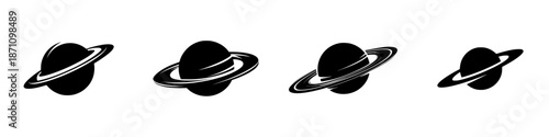 Different designs of Saturn with rings in a simple black and white