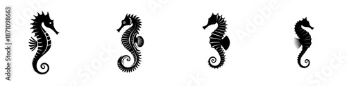 Seahorses swimming in a line in black and white art style on a plain