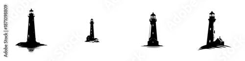 Various lighthouse silhouettes along a shoreline in black and white