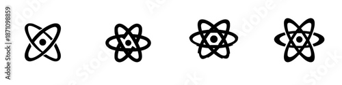 Different designs of atom symbols in a simple black and white style